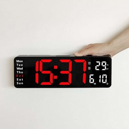 StSilkitty 13 Inch Large Digital Wall Clock with Temperature Date Day of Week Auto DST Night Light Auto Brightness Dimmer Remote Control Stopwatch Timer Long Power Cord