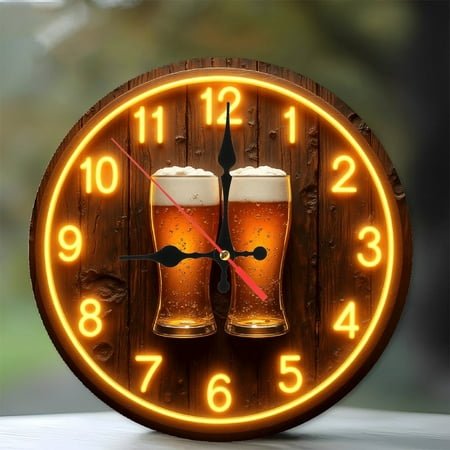 Stylish Beer Clock with Neon Lights And Glasses 10-Inch Silent Wooden Wall Clock, Battery Operated (AA Batteries Not Included), Artistic Home Decor