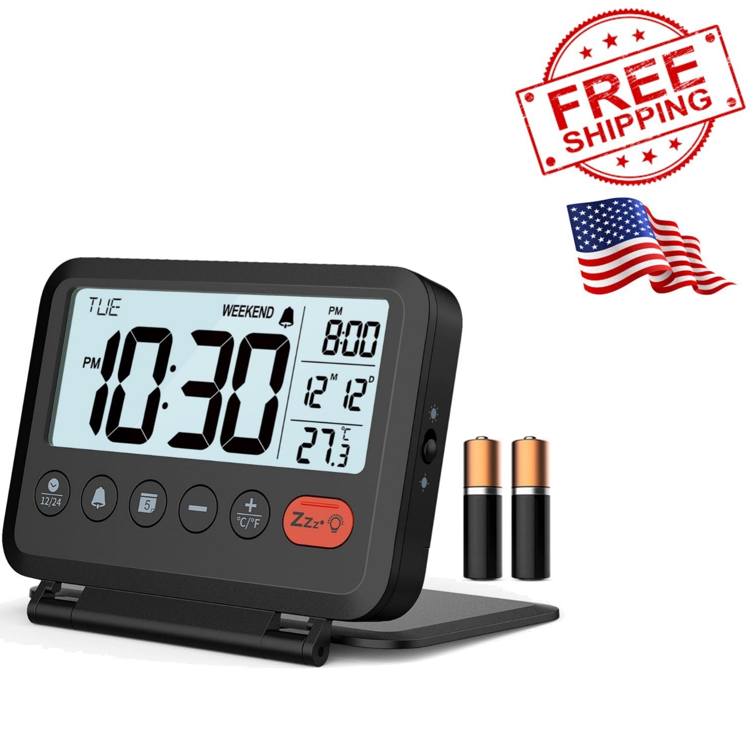 Stylish Digital Travel Alarm Clock - 3.54" LCD, 9-Minute Snooze & Battery Inc...