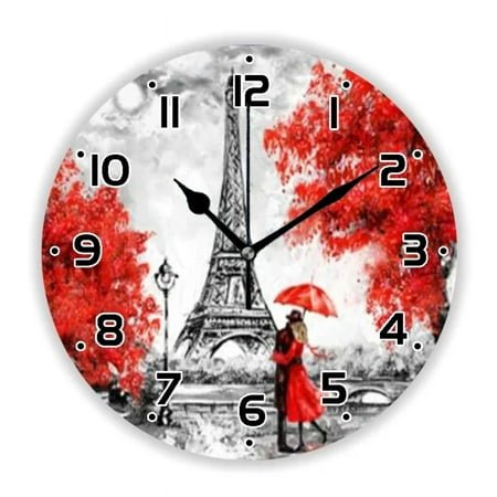 Stylish Pastel Red Paris Tower Oil Painting Wall Clock for Living Room Modern France City Landscape Art Wall Watch Home Decor 35（12 Inch）