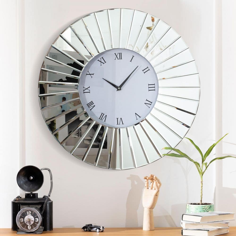 Sunburst Silver Analog Roman Numeral Mirror Frame Decorative Wall Clock