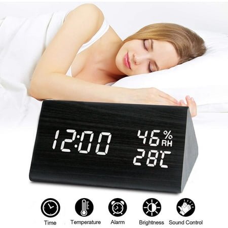 Sunjoy Tech Digital Alarm Clock with LED Time & Temperature Display, 3 Levels of Brightness, Sound Control. Wooden Digital Clock for Bedroom, Living Room, Kitchen and Office