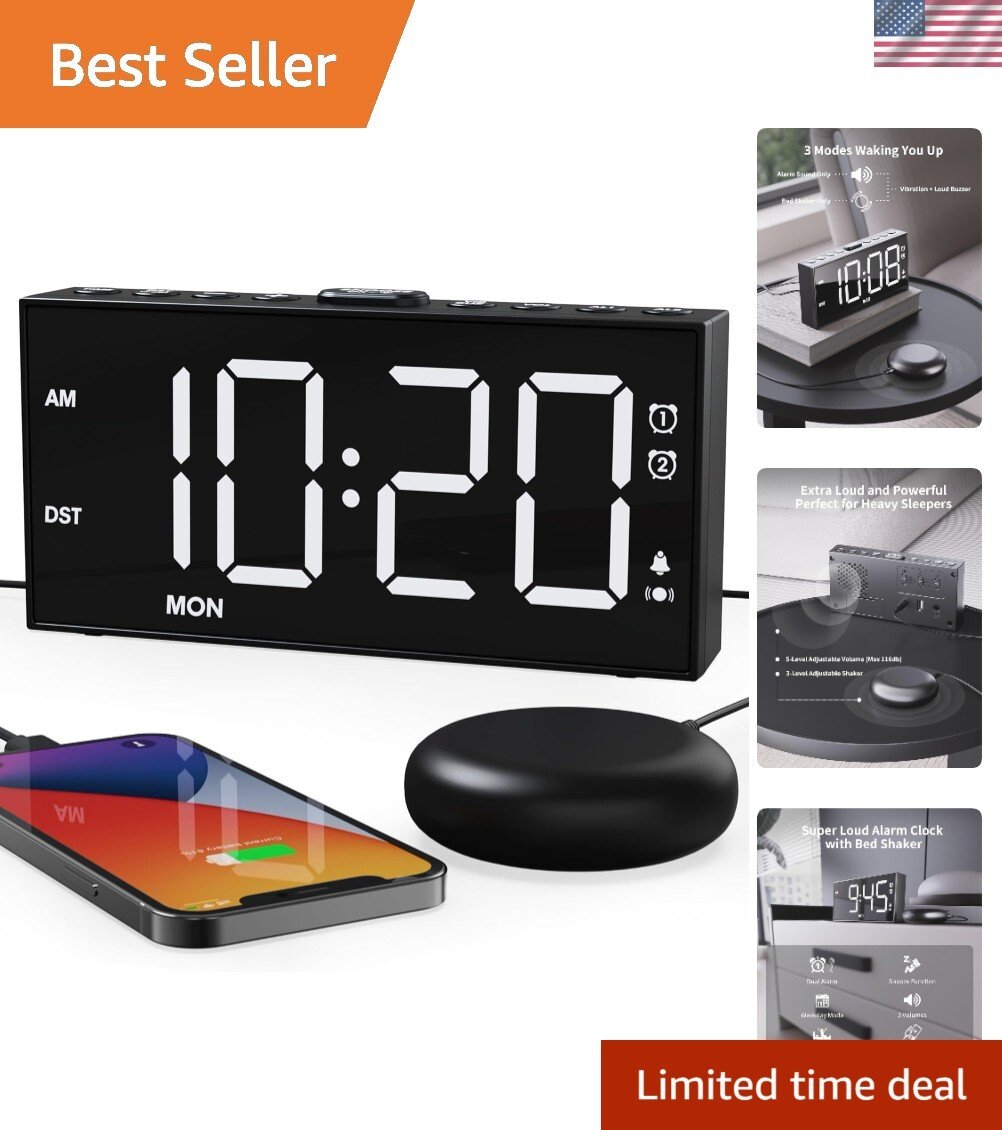 Super Loud Alarm Clock for Hearing Impaired - Large Digital Display & Bed Shaker