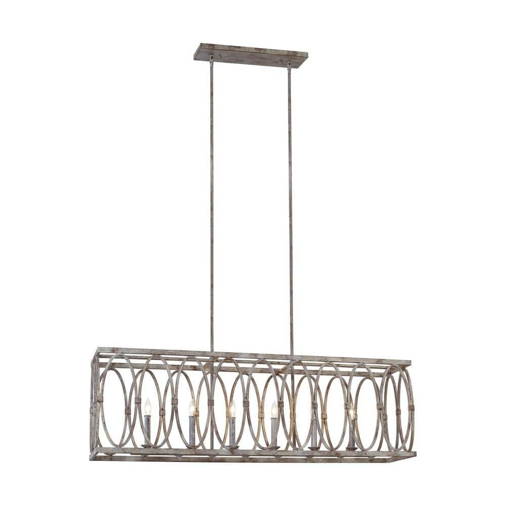 Sutton 6-Light Weathered Gray Rustic Farmhouse Linear Hanging Rectangular Island Chandelier with...