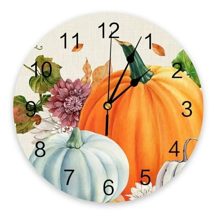 Thanksgiving Fall Pumpkin Maple Leaf Wall Clock Modern Design Silent Wall Watch for Bedroom Kitchen Round Hanging Clocks（10 Inch）
