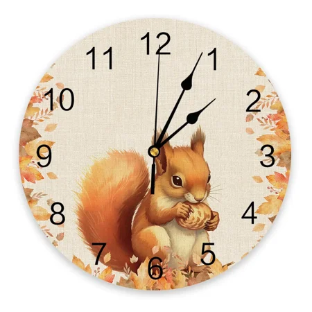 Thanksgiving Squirrel Maple Leaf Wall Clock Large Modern Kitchen Dinning Round Wall Clocks Bedroom Silent Hanging Watch（10 Inch）