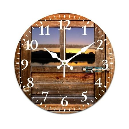Timber Door with Window To Sunset And River Stock Wall Clock Modern Design Clocks Wall Hanging Home Office School Clocks Round PVC Wall Clocks