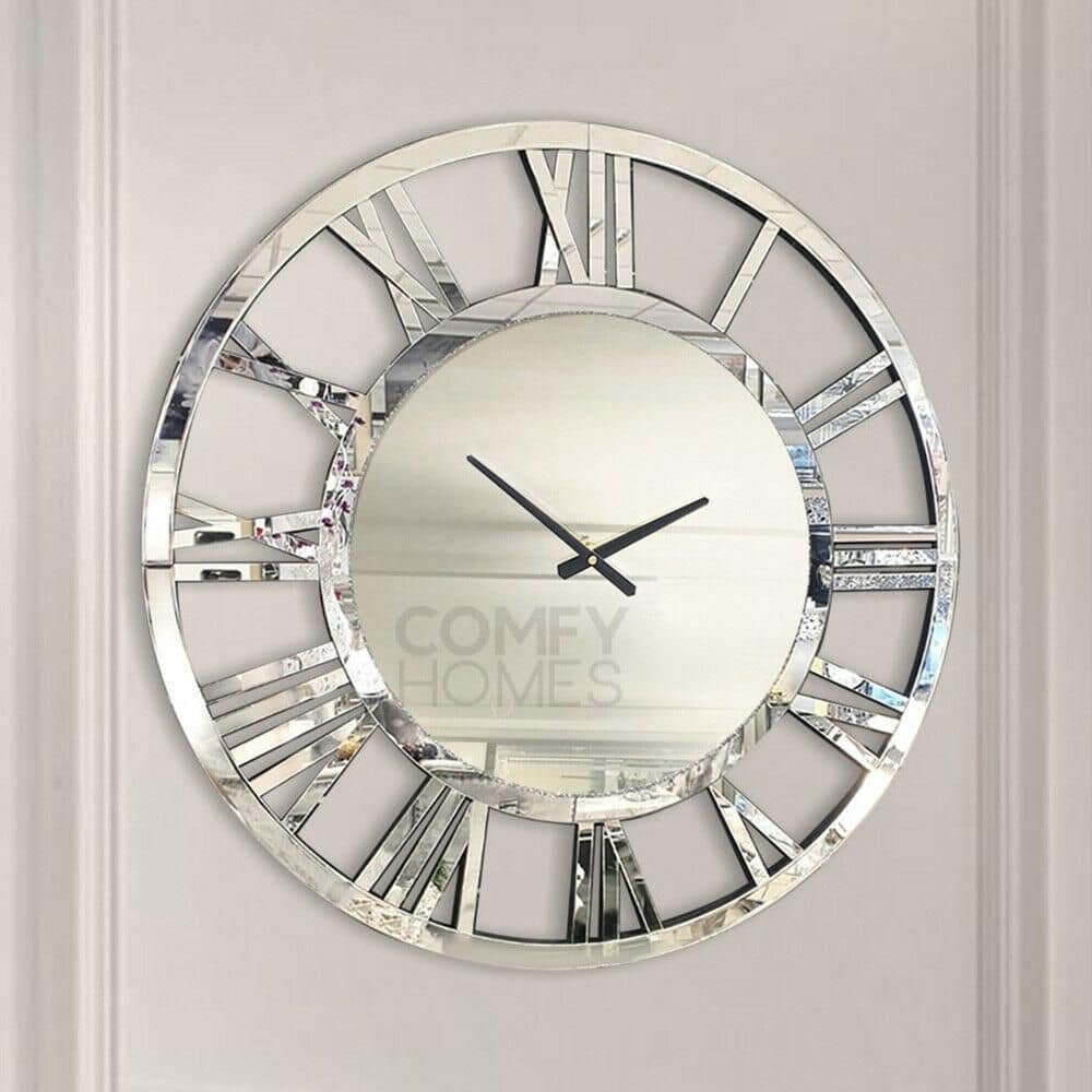 Timeless Luxe Silver Roman Numeral Wall Clock - Mirrored Frame, Metal Openwork...