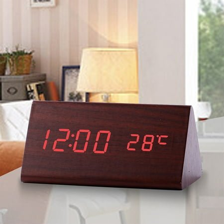 VBXOAE Modern Digital LED Wood Wall/Desk Clock with 3 Alarm Settings,Temp & Humidity Display,Timer,Date,24H,USB Charging,for Living Room or Office,Brown