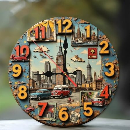 Vintage London Big Ben Clock Wall Decor Postcard Style 10-Inch Silent Wooden Wall Clock, Battery Operated (AA Batteries Not Included), Artistic Home Decor