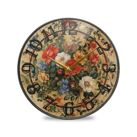 Vintage Medallion Floral Wall Clock 12 Inch Silent Non Ticking Battery Operated Easy to Read for Kitchen Living Room