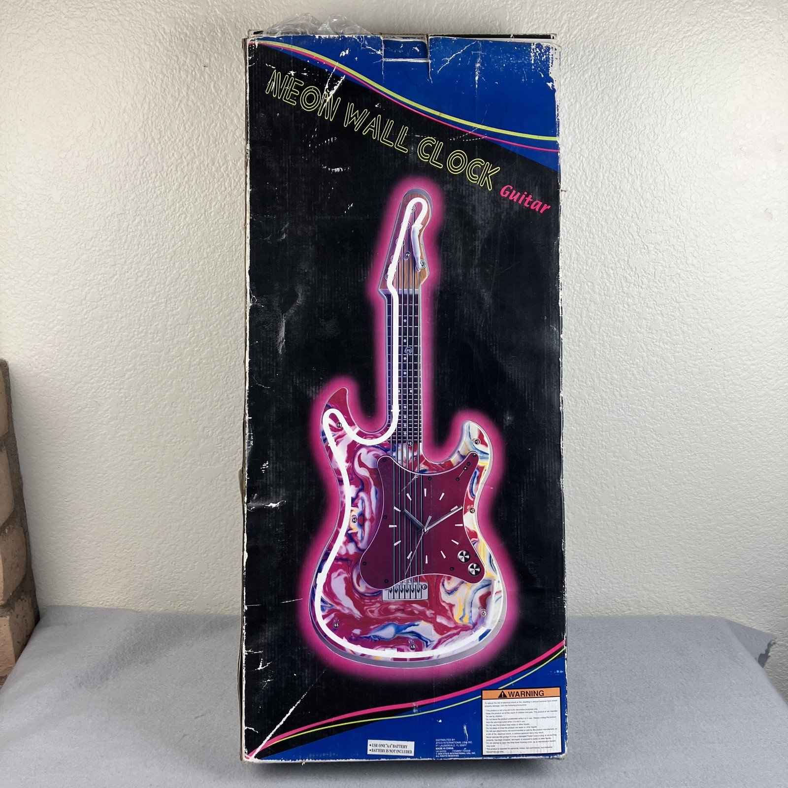 Vintage Neon Wall Clock Guitar Shape Pink Swirl Lights Up Electric Music Decor