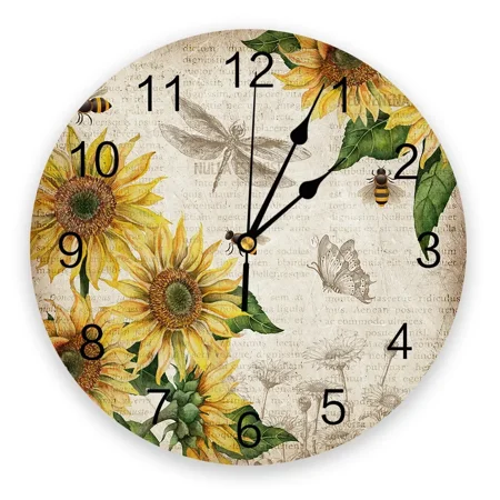 Vintage Old Newspaper Sunflower Dragonfly Butterfly Wall Clock Modern Design Hanging Watch for Home Decoration Living Room（14 Inch）