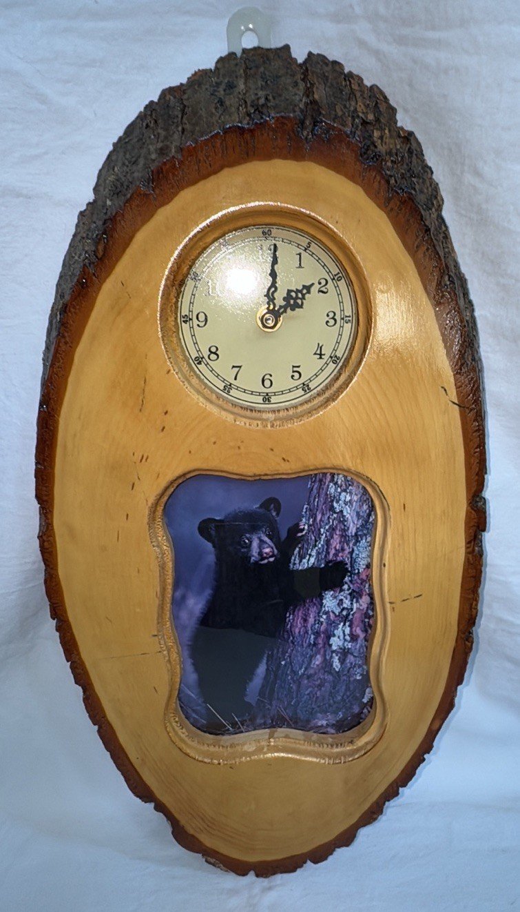 Vintage Rustic Log Slice Clock with Picture Frame- Cabin Decor Lake Decor 18.5”