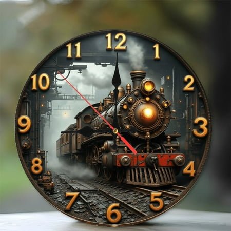 Vintage Steam Train Wall Clock Decorative Timepiece 10-Inch Silent Wooden Wall Clock, Battery Operated (AA Batteries Not Included), Artistic Home Decor