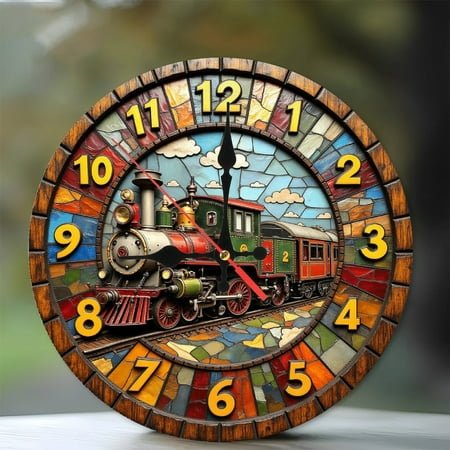 Vintage Train Wall Clock Decorative Art Piece 10-Inch Silent Wooden Wall Clock, Battery Operated (AA Batteries Not Included), Artistic Home Decor