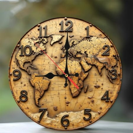 Vintage World Map Wall Clock Antique Style Home Decor 10-Inch Silent Wooden Wall Clock, Battery Operated (AA Batteries Not Included), Artistic Home Decor