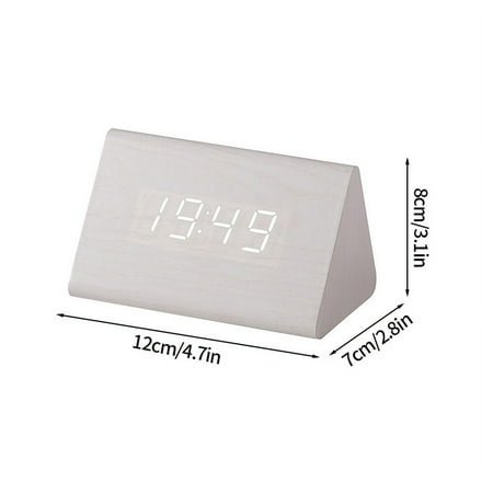 Voice Control Wooden Digital Alarm Clock LED Triangular Table Clock USB/AAA Powered Electronic Desktop Clock Home Table Decor (White)