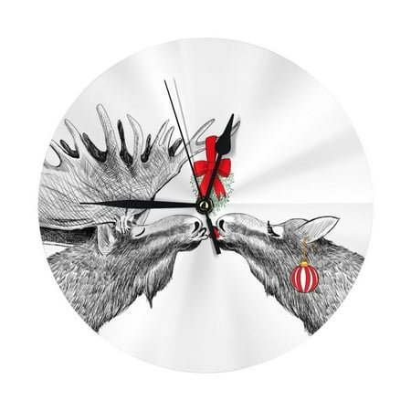 Wall Clock - Funny Christmas Moose 9.8 Inch Silent Non Ticking Modern Round Wall Clocks Battery Operated Classic Clock for Bedroom, Living Room, Office, Home, Kitchen, Bathroom