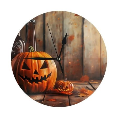 Wall Clock - Halloween Pumpkin Beer A 9.8 Inch Silent Non Ticking Modern Round Wall Clocks Battery Operated Classic Clock for Bedroom, Living Room, Office, Home, Kitchen, Bathroom