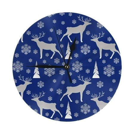Wall Clock - winter moose deer snowflakes blue 9.8 Inch Silent Non Ticking Modern Round Wall Clocks Battery Operated Classic Clock for Bedroom, Living Room, Office, Home, Kitchen, Bathroom