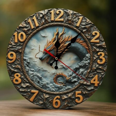 Wall Clock Decorative - Fantasy Water Dragon Print 2D Vintage Wall Clocks Battery Operated Silent Non-Ticking for Bedroom, Living Room, Kitchen, Office, Classroom, 10 Inch