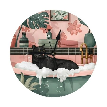 Wall Clocks Battery Operated, Black Cat Pink Bathroom 9.8 Inch Silent Non Ticking Decorative Large Wall Clock, Wall Clock for Living Room Bathroom Kitchen Bedroom Wall Decor