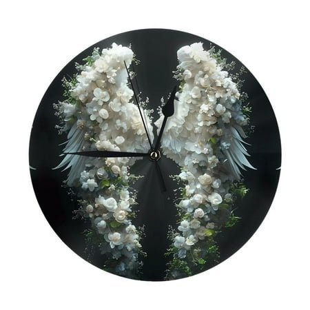 Wall Clocks Battery Operated, Floral Angelic White Wings 9.8 Inch Silent Non Ticking Decorative Large Wall Clock, Wall Clock for Living Room Bathroom Kitchen Bedroom Wall Decor