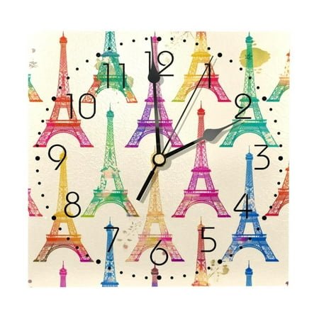 Wall Clocks, Colorful Paris Eiffer Tower Battery Operated Number Clock for Bedroom Living Kitchen Office Home Decor Silent & Non-Ticking