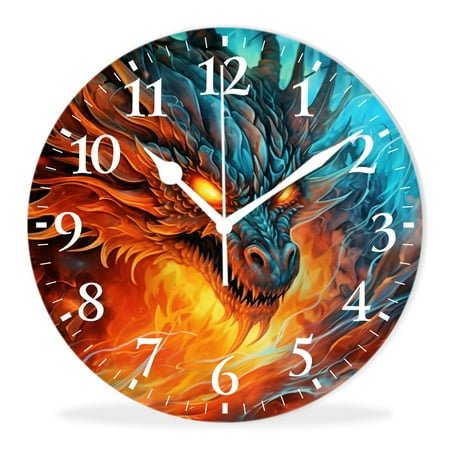 Wall Clock Silent Non-Ticking Battery Operated Modern Wall Clocks Decorative for Bathroom Kitchen-Abstract Blue Red Fiery Dragons Painting(10inch)