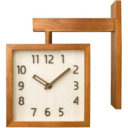 Wall Clock, Simple Silent Non Ticking Square Double Sided Clock Wooden Decorative Corner Clock for Living Room Household (Dark Wood Color)