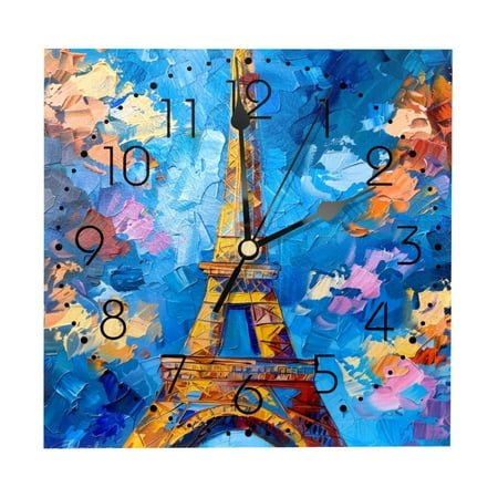 Wall Clocks, Painting Eiffel Tower Battery Operated Number Clock for Bedroom Living Kitchen Office Home Decor Silent & Non-Ticking