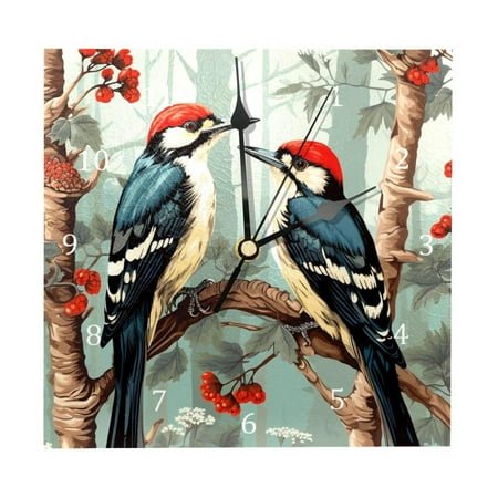 Wall Clocks, Woodpecker Bird on Red Berries Branch Battery Operated Number Clock for Bedroom Living Kitchen Office Home Decor Silent & Non-Ticking