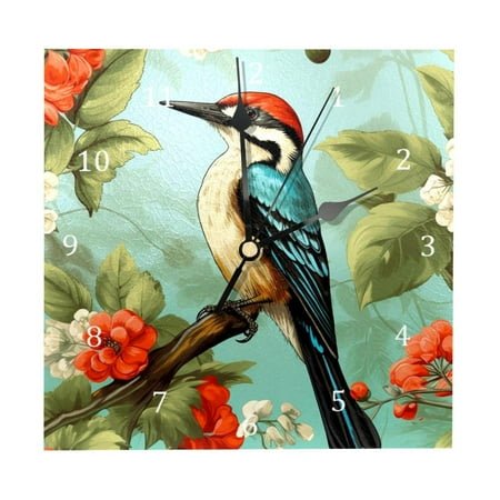 Wall Clocks, Woodpecker Bird on Red Berries Branch Battery Operated Number Clock for Bedroom Living Kitchen Office Home Decor Silent & Non-Ticking