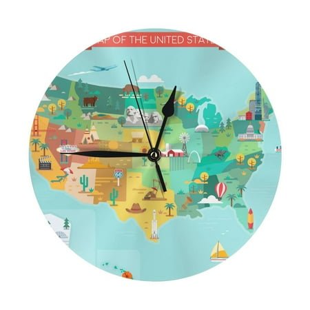 Wall Clock, USA Tourist Map Famous Landmarks Wall Clocks Battery Operated Silent Kitchen Office Wall Clock Decorative, Wall Clock for School Classroom Living Room Bedroom Home Decor
