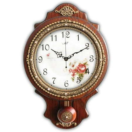 **wall clock with swinging pendulum, retro style silent clock with crystal decoration, vintage decor european victoria wood clock for indoor bedroom living room, w166-1a