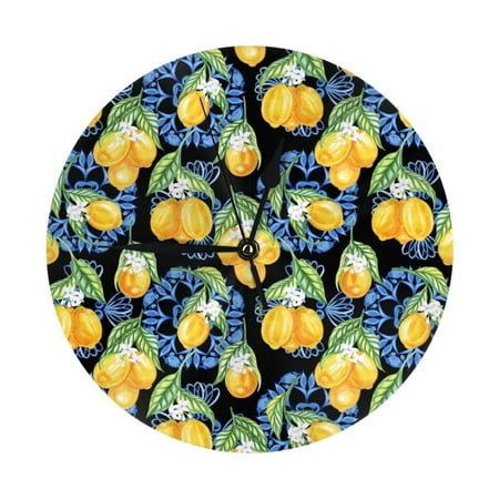 Wall Clock, yellow lemons Blue Sicilian style Wall Clocks Battery Operated Silent Kitchen Office Wall Clock Decorative, Wall Clock for School Classroom Living Room Bedroom Home Decor