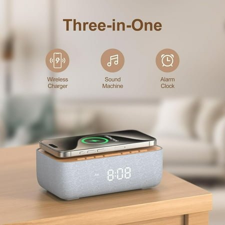 White Noise with Wireless Charging for , Dimmable Alarm Clock with 20 Sounds for Better Sleep