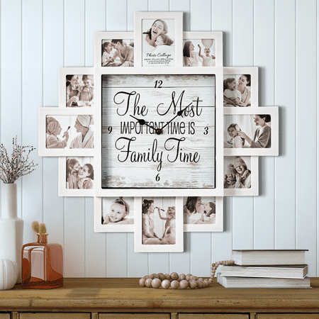 White Picture Frame Photo Collage Clock - 12 Slots, Farmhouse Wall Decor, Wall Clock for Living Room, Bedroom, Kitchen, Office (Family Time, 20x20)