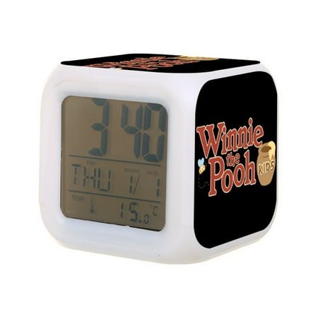 Winnie The Pooh Digital Alarm Thermometer Night Glow Cube 7 Color Clock LED Changing LCD Display Suitable for Bedroom Children