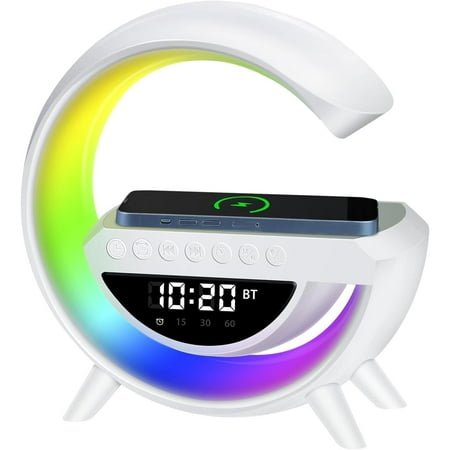 Wireless Charger Stand,Fast Multifunction Charging Station for Apple,Samsung Devices with Adjustable Bedside Night Light,Speaker,Alarm Clock