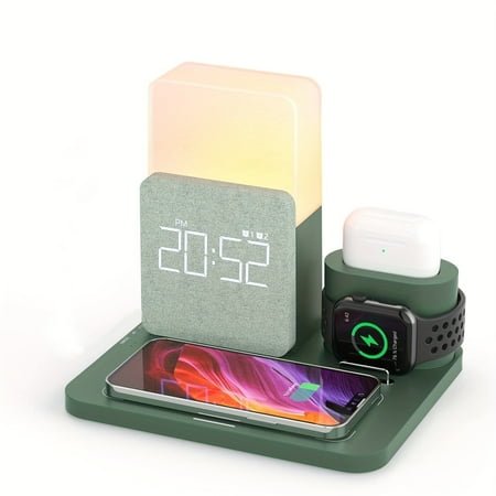 Wireless Charging Station, iPhone 3 in 1 Fast 15W Wireless Charger with Alarm Clock and Night Light, Charging Dock for iPhone 12/13/14/15/16 Pro/Pro Max, Samsung, AirPods