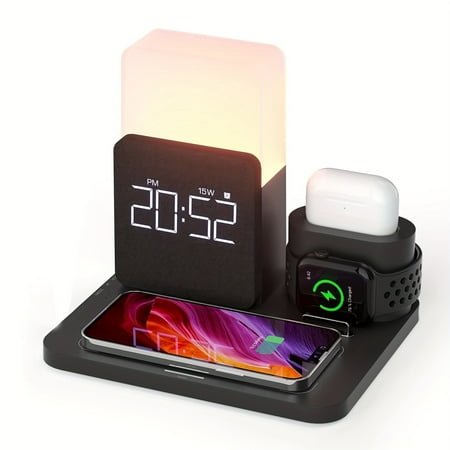 Wireless Charging Station, iPhone 3 in 1 Fast 15W Wireless Charger with Alarm Clock and Night Light, Charging Dock for iPhone 12/13/14/15/16 Pro/Pro Max, Samsung, AirPods