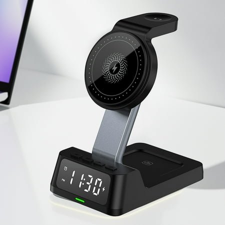 Wireless Charging Station with Digital Alarm Clock - 15W Fast Charger Stand for iOS, Android Phone, Smartwatch, and Headphones, Multi-Device Charging Pad