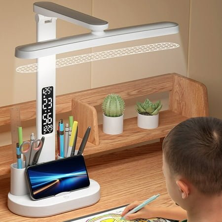 WMTBSRSW LED Desk Lamp,Dimmable,3 Color Modes,Office Desk Light with Clock,Alarm,Date,Temperature,Touch Control,Foldable Lamp for Table Home Reading Study