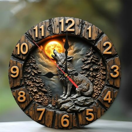 Wolf Howling Clock 10-Inch Silent Wooden Wall Clock, Battery Operated (AA Batteries Not Included), Artistic Home Decor