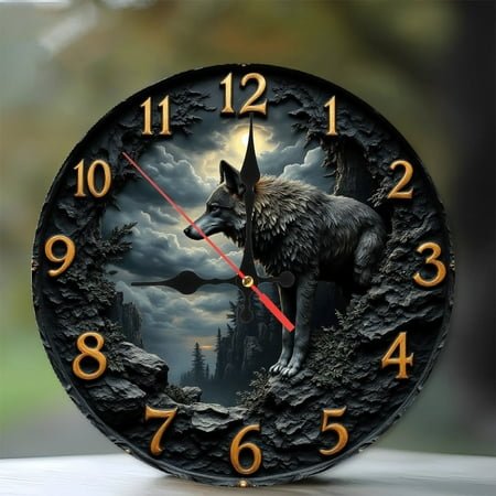 Wolf Themed Decorative Wall Clock for Home 10-Inch Silent Wooden Wall Clock, Battery Operated (AA Batteries Not Included), Artistic Home Decor
