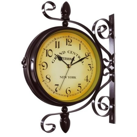 WOOCH Wrought Iron Antique-Look Brown Round Wall Hanging Double Sided Two Faces Retro Station Clock Round Chandelier Clock with Scroll Wall Side Mount Home Décor Wall Clock 8-inch C95