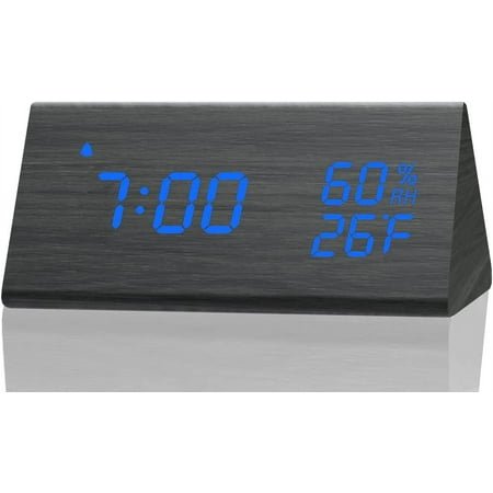 Wooden Digital Alarm Clock Triangle Electronic LED Time Display with Humidity & Temperature 3 Alarm Setting Adjustable Brightness Wood Made Voice Control Desk Clock for Bedroom Bedside Gift for Frien