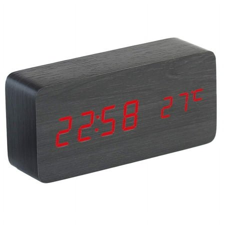 Wooden Square Desk Clock LED Digital Display Alarm Clock Temperature Display Clock for Bedroom Decoration Clock Black